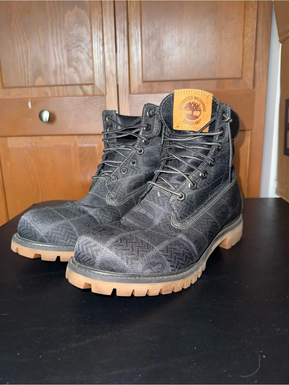 Timberland Men's Black Patterned Boots with Tan Outsole